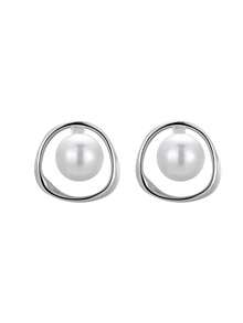 1pair Geometric Triangle Faux Pearl & Pure Silver Stud Earrings With Round Corner For Daily Wear - Silver - View 9