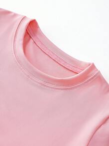 少女字母印花圓領短袖T恤 - 粉色 - 查看 3