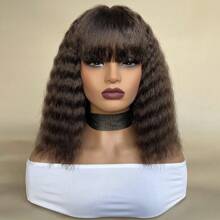 4# Import Synthetic Fiber Wig Short Natural Wave Bob Wigs With Bangs Middle Part Synthetic Hair Wig 12 Inch Natural Soft Hair Full And Thick Low Temperature Fiber Hair Loose Deep Wave Bob Wigs For Women Daily Party Use - Dark Brown - View 3
