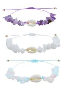Hand-Woven Waterproof Wax Thread Anklet Bracelet Set Of 3 Pieces, New Opal Amethyst Stone Bracelet Ankle Chain Set Of 3 Pieces - Amethyst Bracelet Ankle Chain 3 Pieces White and Blue Set - View 4