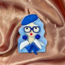1pc Cute Cartoon Girl With Glasses Acrylic Brooch & Backpack Pin For Women - Blue - View 1