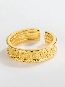 韓式獨特個人化 S925 純銀女士幾何設計與蓮花圖案細部戒指（銀飾） - 金黃色 - 查看 2