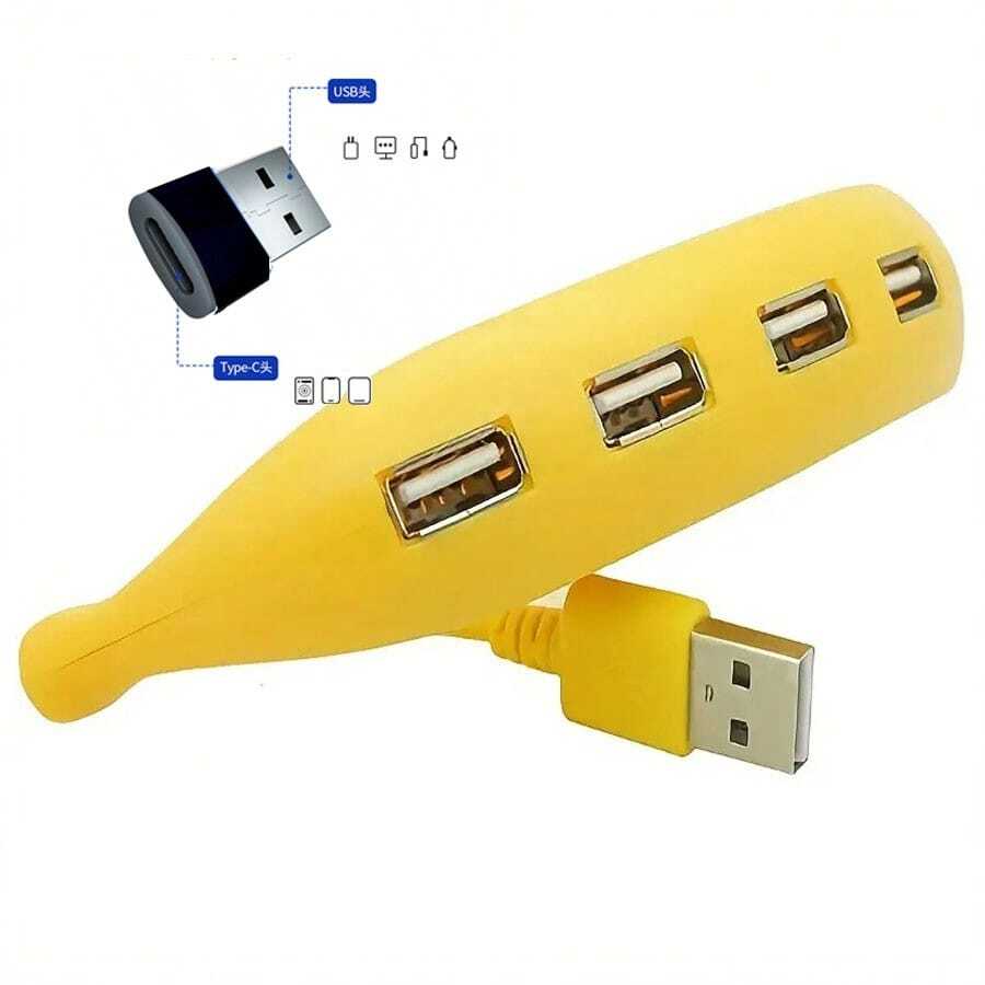 1個有趣的香蕉形狀usb 2.0集線器+（數據線 轉換器usb-c端口手機轉換器） 4個端口的usb集線器usb分配器,可用於筆記本電腦,xbox,閃存,硬盤驅動器,遊戲機,打印機,相機,鍵盤,滑鼠等 - 彩色 - 查看 1