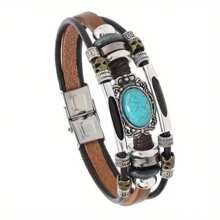 Vintage & Personalized Multi-Layer Men's Clasp Fashion Bracelet, Cross Border Beaded Leather Turquoise Bracelet - Multicolor - View 8
