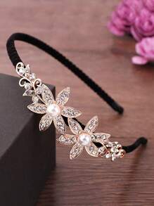 1pc Fashionable Faux Pearl Headband With Rhinestones And Luxurious Flowers Hair Clip For Women - Gold - View 5