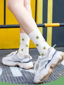 5双/包 女式中筒袜，煎蛋和猕猴桃图案，柔软透气，抗菌吸汗，百搭时尚，适合日常穿着，款式随机 - 彩色 - 查看 2