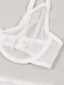 女士性感文胸和透气丁字裤套装，带半透明罩杯和钢圈支撑 - 白色 - 查看 3