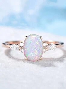 1pc Fashionable Promise Ring With Oval Opal Reflecting Multicolor Lighting And Sparkling Rhinestone, For Engagement/Wedding Women's Ring