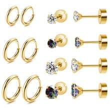 7對時尚金色和銀色不銹鋼耳環套裝,適合男女日常佩戴,經典銀色耳環、立體方形耳環、環型耳飾、花式軟骨耳環曲線、情侶禮物、女性禮物、朋友禮物、女友禮物 - 銀色耳環耳環套裝(黑色石頭) - 查看 12