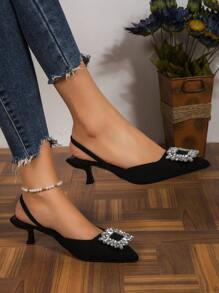 Women's Black Pointed High Heels Rhinestone Covered Closed Toe Sandals, New Arrivals Summer T-Strap Stiletto Heels Party Shoes - Black - View 5