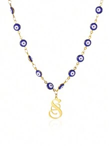 1pc Gold Stainless Steel Blue Evil Eye Initial A-Z Pendant Necklace Suitable For Women, Festival Gift
