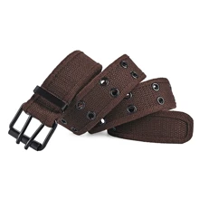 1条双孔针扣休闲腰带，男女通用，朋克风帆布材质，户外双排扣设计，适合夏季、校园休闲、商务场合，也可作为男友、丈夫、父亲的礼物，日常穿着时尚百搭，适合青少年、户外、度假、运动、旅行、街头、波西米亚风、复古风等场合。