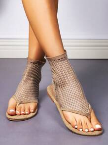 女士平底凉鞋，镂空水钻装饰，2025 年夏季新品，鱼网海滩度假防滑一脚蹬，黑色，杏色，加大码，时尚优雅迷人音乐节朋克时尚性感鞋 - 杏色 - 查看 4