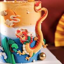 1個2024年金色龍鳳設計新年甜點架附有飛龍圖案,烘焙蛋糕裝飾 - 黃色 - 查看 3
