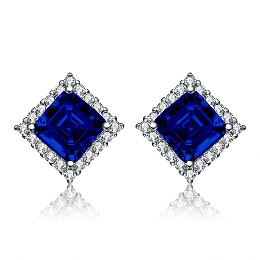 Sapphire Cubic Zirconia Square Stud Earrings