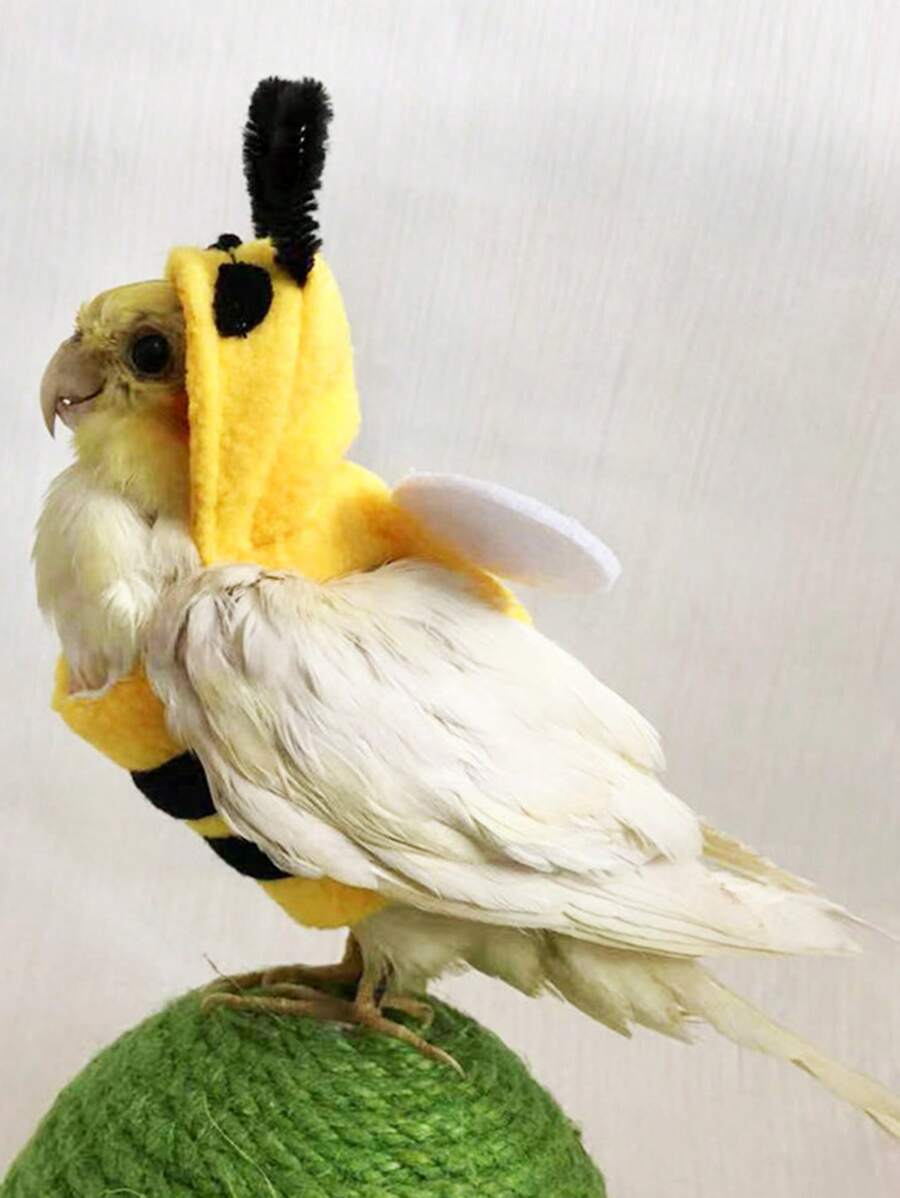 1入寵物鳥隻衣服，冬季保暖外套，可愛的蜜蜂設計鸚鵡夾克，方便的魔鬼氈固定 - 黃色 - 查看 1