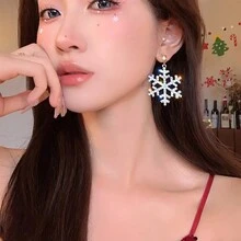 1对冬季女孩可爱欧美圣诞雪花驯鹿角耳环，镶嵌闪亮水钻，甜美耳坠，韩式个性化耳钉，适合舞会、聚会、宴会、送礼等场合。 - 花朵 - 查看 4
