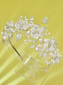 One Elegant Faux Pearl Bridal Headband Women Wedding Hair Accessory Rhinestone Shell Flower Bridal Headpiece Bridesmaid Girls Metal Headband Tiaras - 白色 - 查看 3