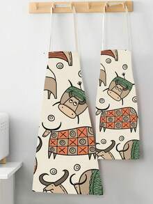 1pc Fashionable Cow Printed Linen Apron - Yellow - View 6