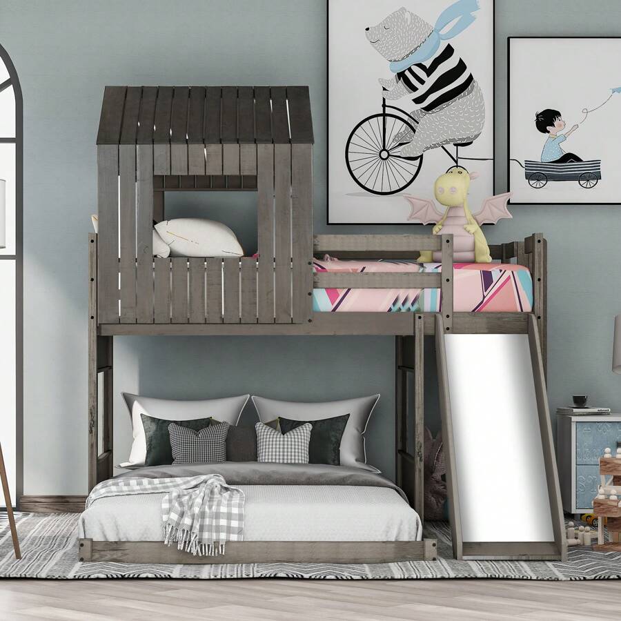 Nestfair Twin Over Full Wooden Bunk Bed With Slide And Guard