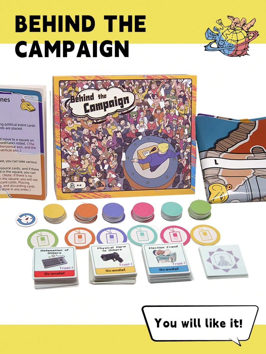 《behind The Campaign》是一款政治同盟與策略取勝的桌遊,新鮮原創,適合你的極致遊戲派對,遊戲時間30-40分鐘,4-6名玩家,適合14歲以上 - 黃色 - 查看 1