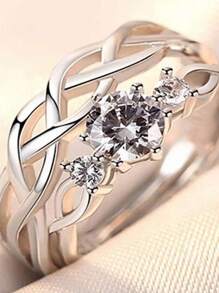 2pcs Fashionable Rhinestone Inlaid Wedding Engagement Ring, Adjustable Size Couple Rings For Women, Valentine's Day Gift - Silver - View 5