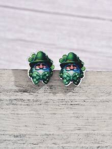 1 对木质矮人和三叶草叶形耳钉，圣帕特里克节主题，创意百搭时尚女士珠宝，派对节日礼物 - 彩色 - 查看 1