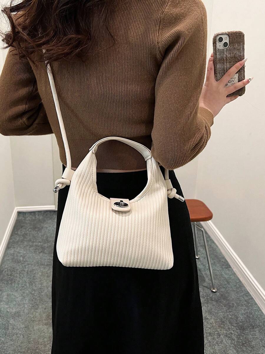 新款時尚簡約打褶pu皮革多用途手提袋肩袋斜跨包 - 白色 - 查看 1