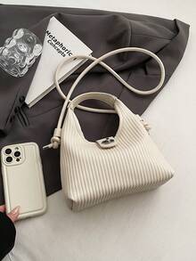 新款時尚簡約打褶pu皮革多用途手提袋肩袋斜跨包 - 白色 - 查看 6