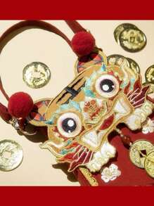 1入組嬰兒紅色老虎頭繡花零錢包,斜背包,包,適用於新年,兒童節,生日派對或日常使用 - 紅色 - 查看 4