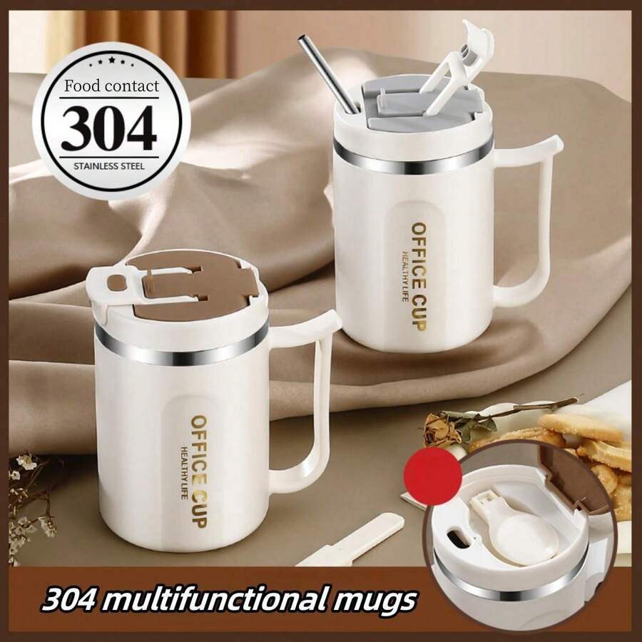 1個304不銹鋼杯子手把,辦公室保溫杯帶蓋和吸管,雙層防燙飲用雞尾酒杯 - 淺灰色 - 查看 1