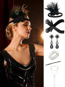 6Pcs 1920s Flapper Accessories Costume Set 20s Feather Headband Earring Necklace Gloves For Woman Halloween