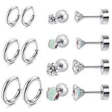 7對時尚金色和銀色不銹鋼耳環套裝,適合男女日常佩戴,經典銀色耳環、立體方形耳環、環型耳飾、花式軟骨耳環曲線、情侶禮物、女性禮物、朋友禮物、女友禮物 - 銀色耳環耳環套裝(黑色石頭) - 查看 13