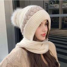 Winter Hats for Women Knit Beanie Hat Scarf Set,Girls Snow Caps Warm Soft Slouchy Skull Cap with Pom Pom(Beige) - Beige - View 1