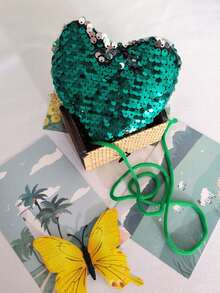 A Sequined Lanyard Bag, Love Small Purse, Children's Creative Crossbody Bag, Coin Purse, Mini Small Shoulder Bag Valentines - Green - View 2