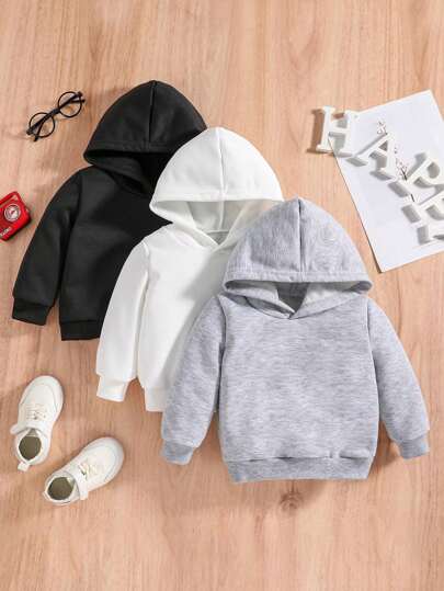 3件套新生儿男女宝宝休闲户外时尚百搭简约三色连帽长袖卫衣，柔软舒适，黑白灰三色可选，春夏秋季服装，适合户外活动、社交聚会、周末玩耍