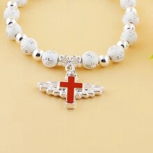 2pcs Silver-Tone Cross & Wing Design Acrylic Beaded Bracelet, Ideal For Birthdays, Mother'S Day, Father'S Day, Christmas, Valentine'S Day Gifts - SC005 - View 6