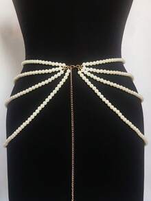 1條白色時尚奢華多層珍珠腰鍊,女性身體鍊