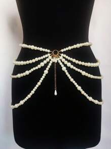 1條白色時尚奢華多層珍珠腰鍊,女性身體鍊