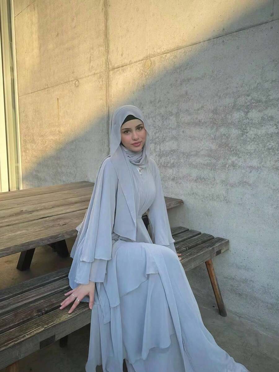 1pc Women Hijab Double-Layer Chiffon Abaya Open Front Caftan For Women, Loose Fit Dress Gown - Grey - View 1