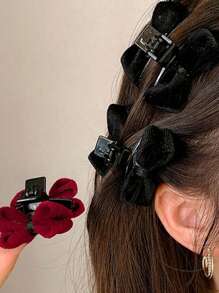 4pcs Women's Plush Sweet And Cute Black Bow Hair Clips And Claws, Perfect For Daily Basic High Ponytail Fixing, Fringes Hairpin Accessories - Multicolor - View 2