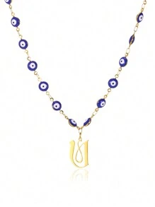 1pc Gold Stainless Steel Blue Evil Eye Initial A-Z Pendant Necklace Suitable For Women, Festival Gift