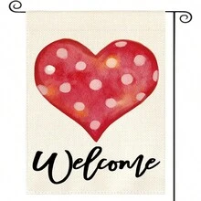 情人節花園旗幟,30x45公分雙面亞麻心形和歡迎花園廣告旗幟,適用於周年紀念、婚禮、情人節戶外裝飾（僅限旗幟） - 彩色 - 查看 1