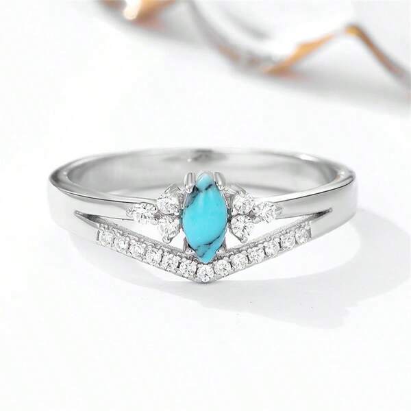 1pc S925 Sterling Silver Ring Women Blue Turquoise & Inlay Luxury Young Style Finger Accessory For Daily Wear