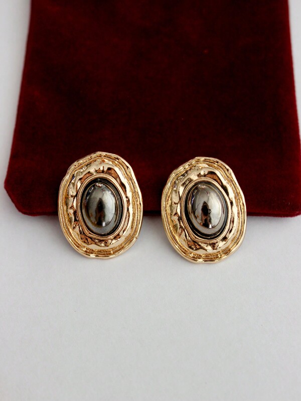 Boucles D'oreilles En Alliage De Forme Ovale Avec Surface Géométrique Texturée, Style Vintage Et Lumière De Luxe Pour Le Marché Européen Et Américain