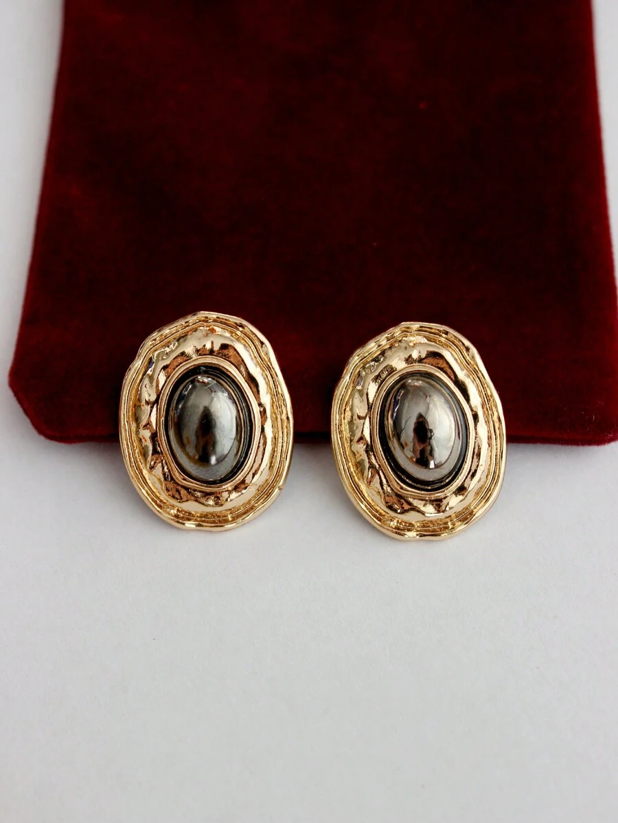 時尚設計橢圓形合金耳釘,具有幾何紋理表面,歐美的復古和輕奢風格