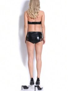 PU Leather Mesh Insert Cut-out Lingerie Set Without 1pair Stocking - Black - View 7