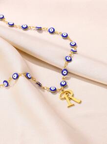 1pc Gold Stainless Steel Blue Evil Eye Initial A-Z Pendant Necklace Suitable For Women, Festival Gift