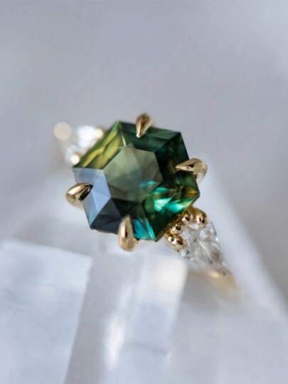 925 Sterling Silver 14K Gold Plated Geometric Olive Green Gemstone Ring For Women