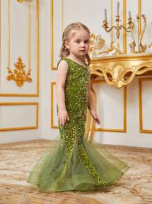 年輕女孩亮片不對稱領口無袖連身晚會裙，魚尾款式 - 橄欖綠 - 查看 6